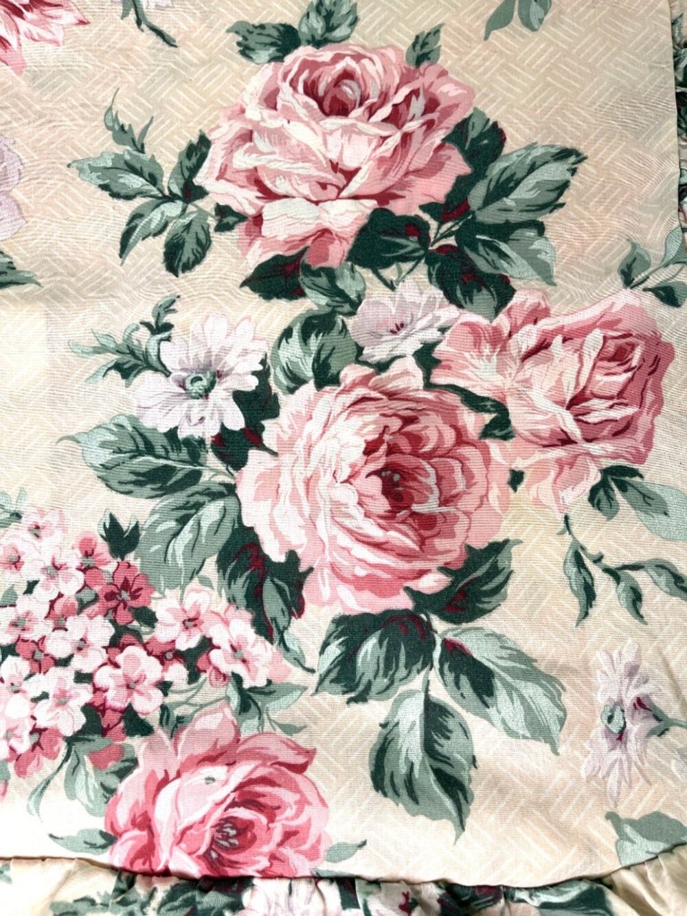 VTG Shabby Chic Cottagecore Floral Ruffled Pillow Sham Pink Cabbage Rose Flower - Picture 2 of 8